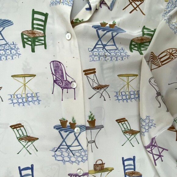 Ishyu Womens 8 Whimsical Silk Button-Down Shirt Colorful Chair Table Print VTG - Picture 12 of 15
